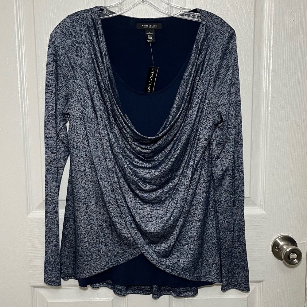 NWT WHITE HOUSE BLACK MARKET Heather Blue Navy Long Sleeve Cowl Neck Top | small
